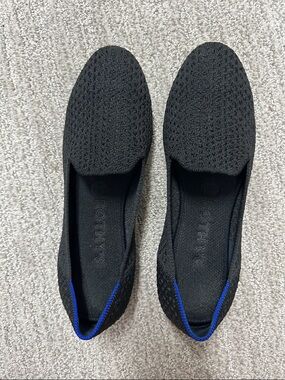 Rothy's Black Knit Slip-On Flats with Blue Trim